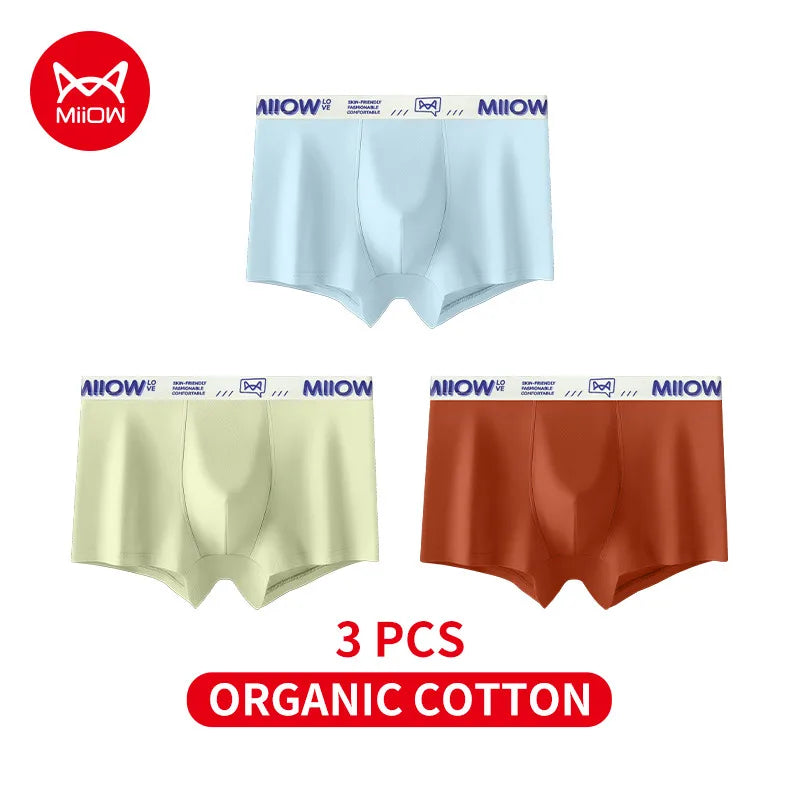 MiiOW Cotton Men's Underwear - 3Pcs Antibacterial Soft Silky Breathable Boxershorts