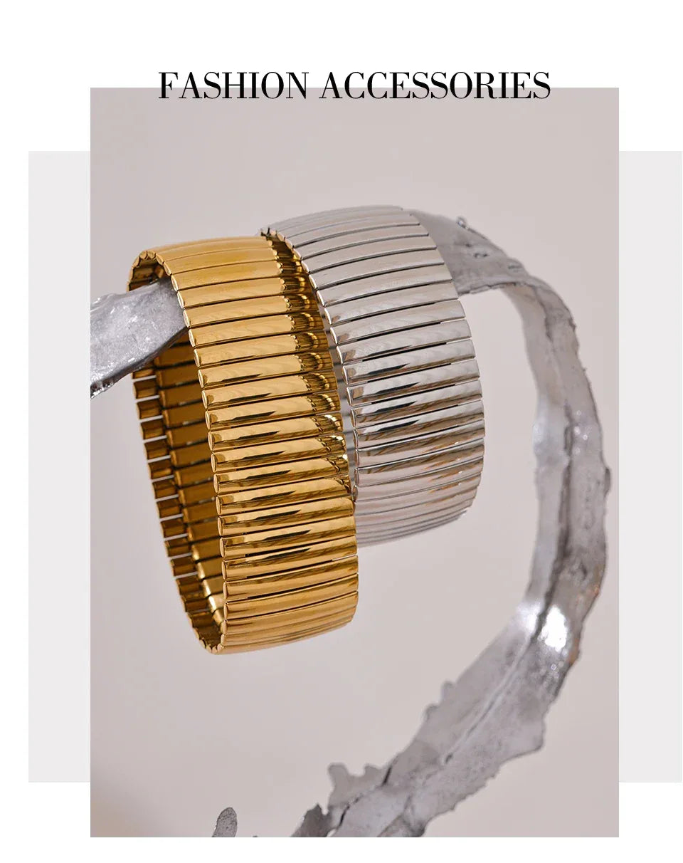 Elastic 316L Stainless Steel Metal Wide Big Statement Bracelet Bangle - ShopHub