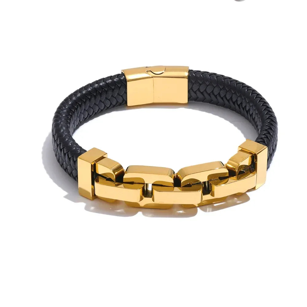 18K PVD Plated Stainless Steel Metal Chain Leather Handmade Men's Bracelet Bangle - ShopHub