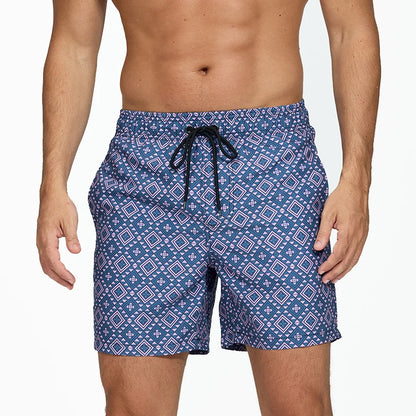 Men's summer beach print boardshorts with pockets, ShopHub NZ surf swimwear and workout trunks for active male sportswear.