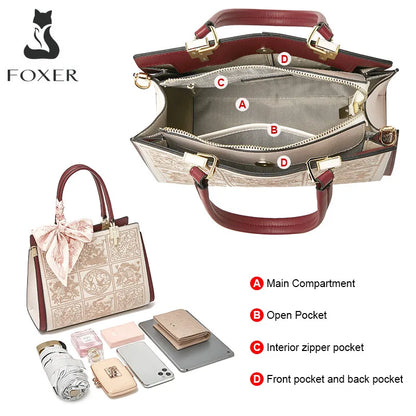 FOXER Women's Shoulder Handbag New Office Lady Crossbody Bag Medium Tote Chic Split Leather Silk Scarf Printing Pocket Mom's Bag