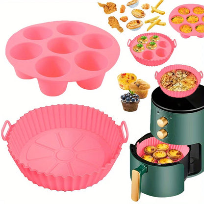 7-Cavity Silicone Air Fryer Set - 2PC Nonstick Cake Mold & Basket Fit 0.92-1.53L