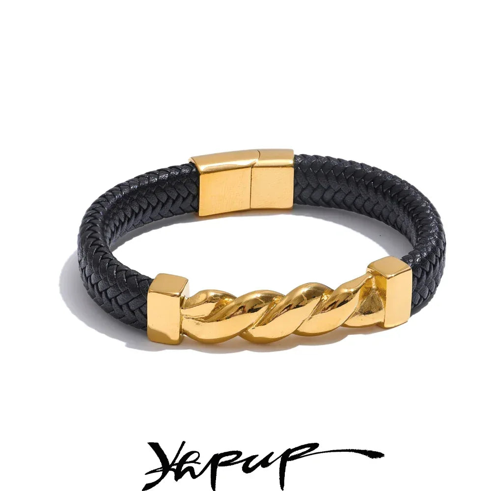 65mm Leather Metal Twisted Chain Handmade Wide Bracelet Bangle - ShopHub