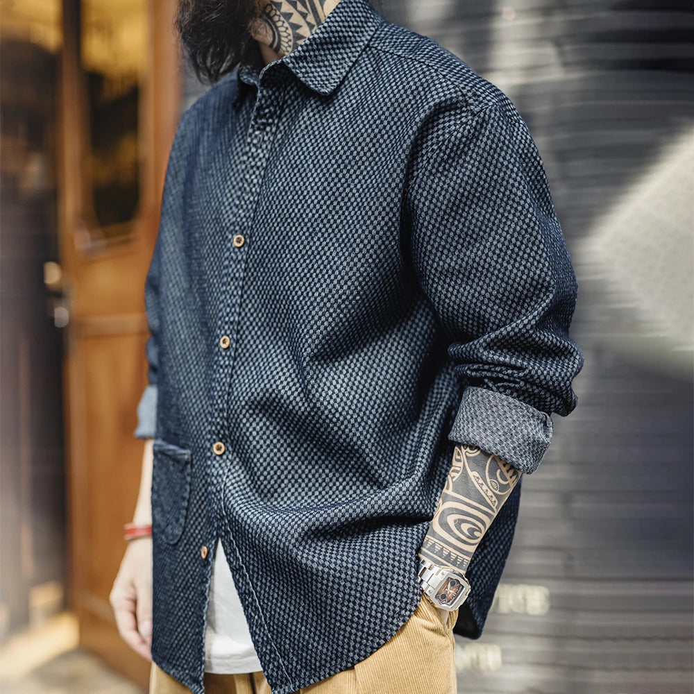 Maden Retro Checkered Long-sleeved Denim Shirt Loose Lapel Single-breasted Jacket for Men Spring and Fall Versatile Outerwear