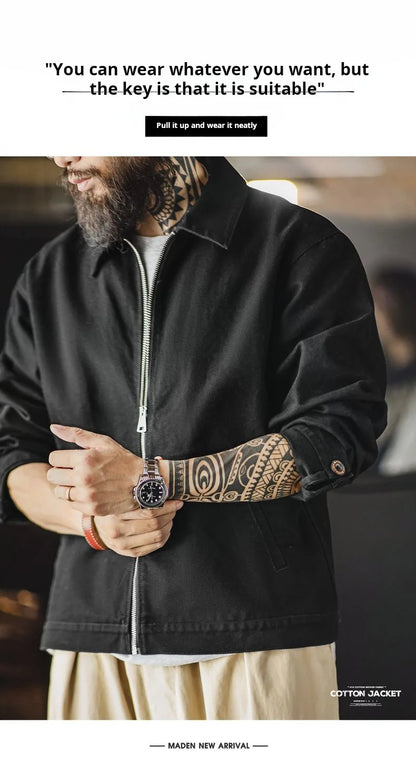 Maden Men's Vintage Ike Jacket Heavyweight Black Cotton Zip-Up Coat Lapel Collar Casual Outdoor Mountain Jacket for Spring Fall