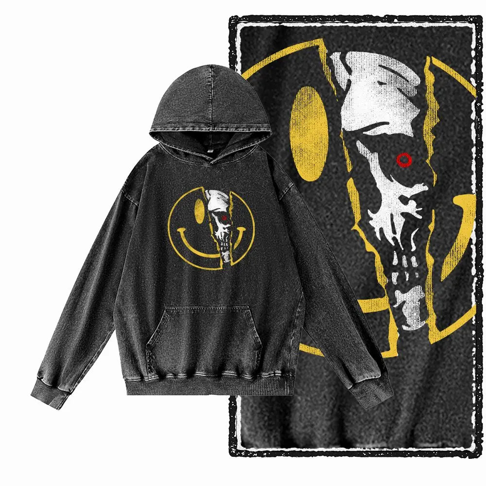 COOLMIND G25 Vintage Print Acid-Washed Black Hoodie