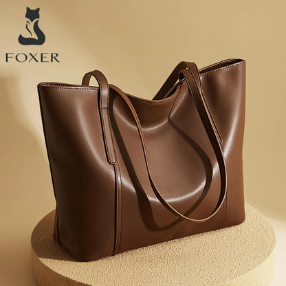 FOXER Lady's Shoulder Bag Split Leather Soft Fabric 2026 New Casual Large Capacity Women Tote Bag Commute Travel Bag All-match