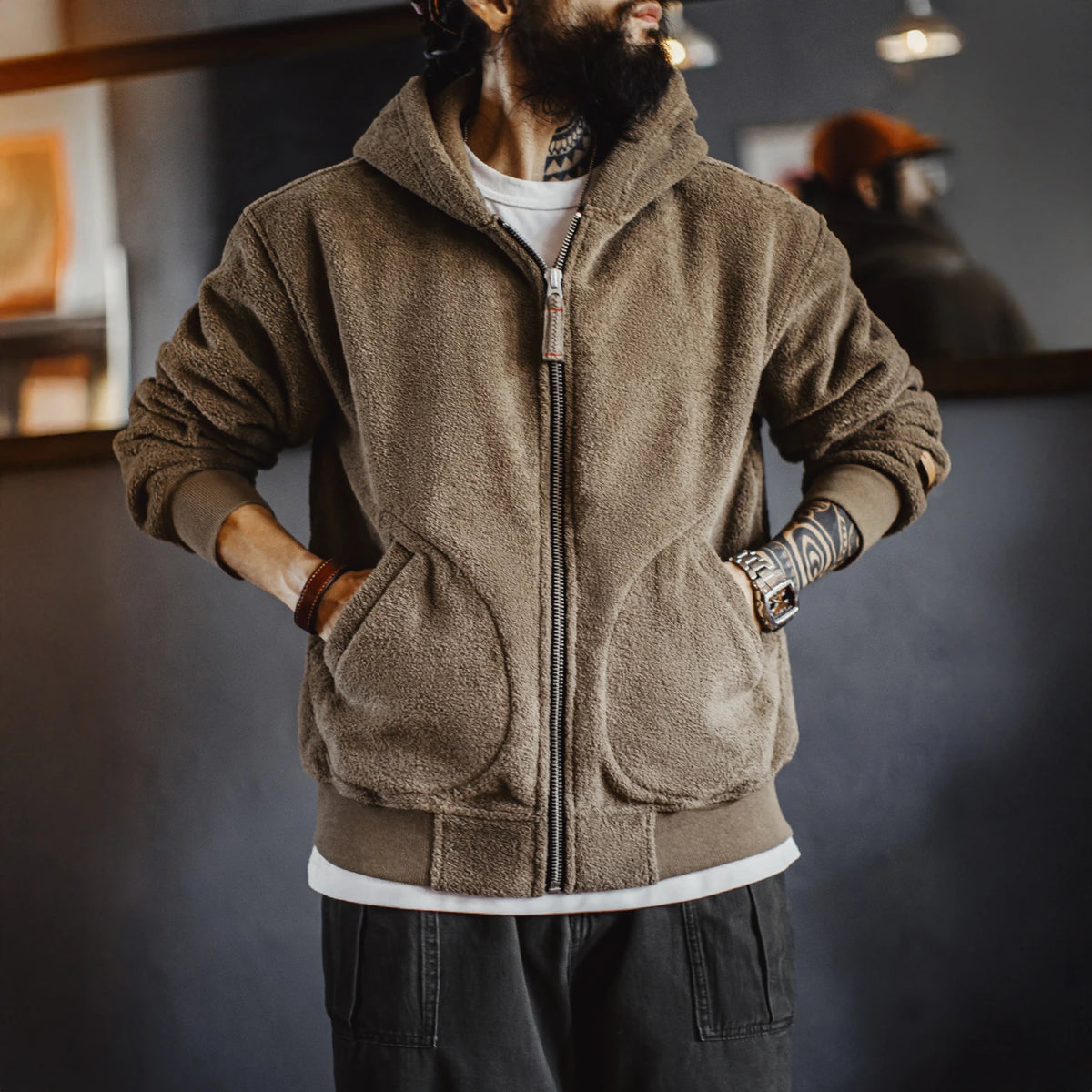 Maden Men’s Khaki Fleece Zip Hoodie Jacket