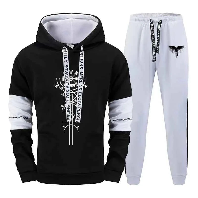 Mens Tracksuit Set Warm Hooded Sweatshirt and Sweatpants 2 Pcs Winter High Quality Casual Jogging Clothing in Black or White