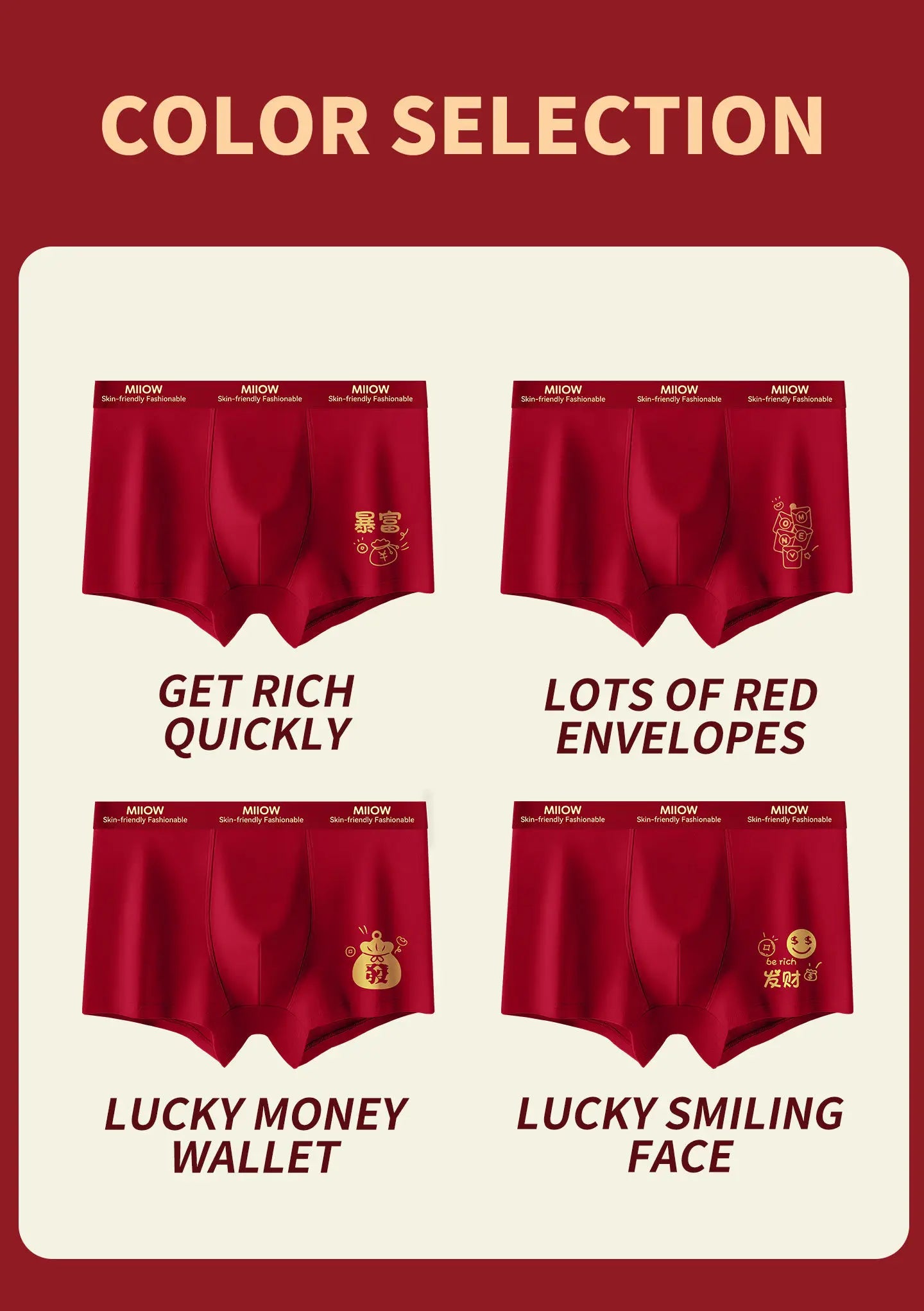 MiiOW 3Pcs Men's Antibacterial Cotton Boxers Lucky Red Breathable Underwear