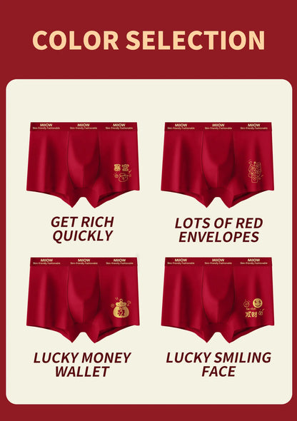 MiiOW 3Pcs Men's Antibacterial Cotton Boxers Lucky Red Breathable Underwear