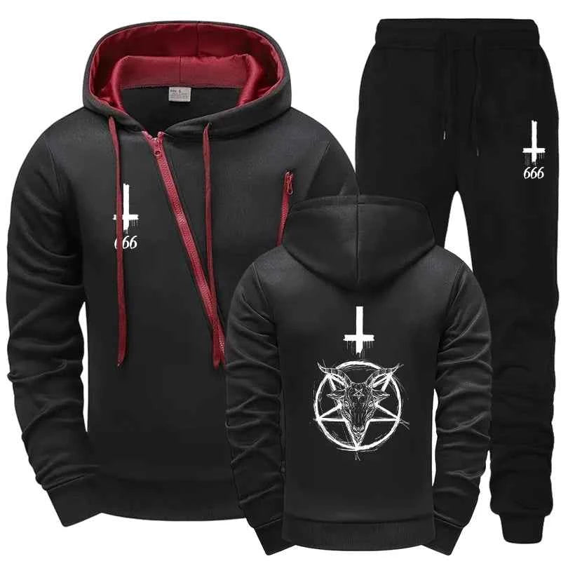 Satan Mens Tracksuit Set - Stylish Hoodie with Diagonal Zipper and Comfortable Sweatpants for Urban Streetwear This Autumn Winter