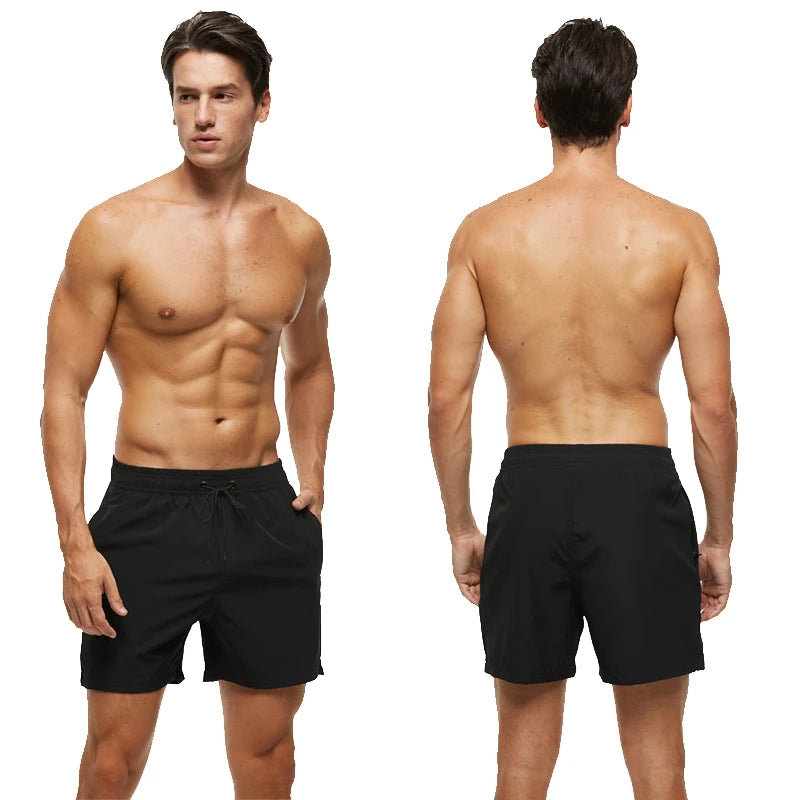 Datifer Brand men's summer boardshorts with solid polyester fabric, breathable mesh liner, side pockets, ideal for gym and swimming.