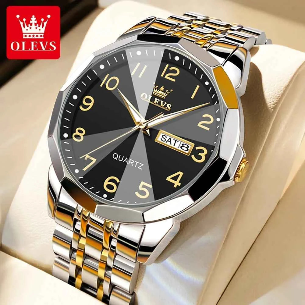 OLEVS 9970 Mens Watch with Original Mirror Quartz Movement, Waterproof, Luminous Dual Calendar - Perfect Mens Gifts Reloj