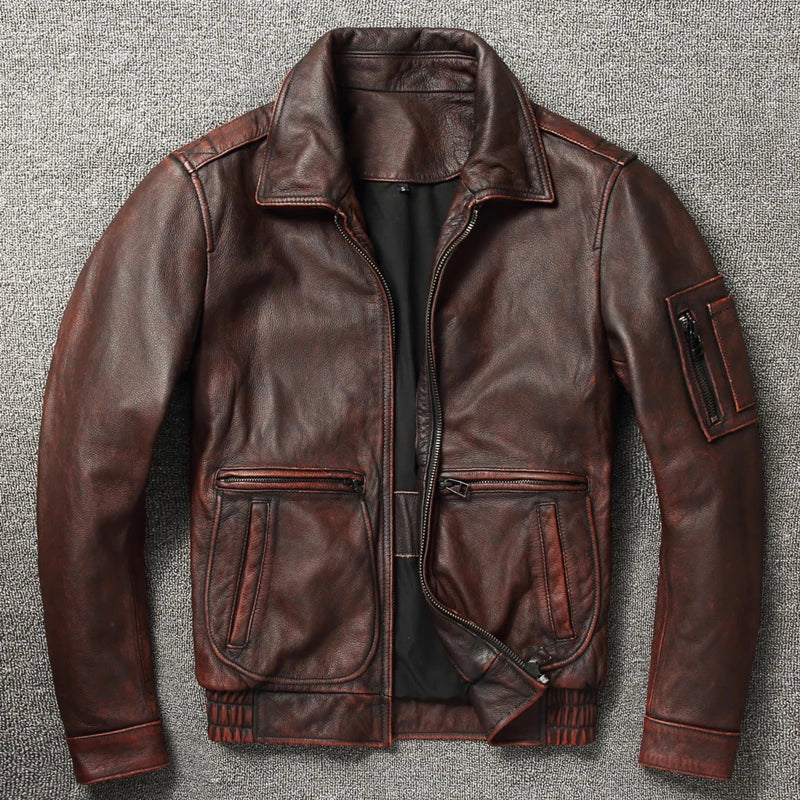 100% Cowhide Genuine Leather Biker Jacket for Men - Moto & Vintage Slim Fit Lapel Leather Coat
