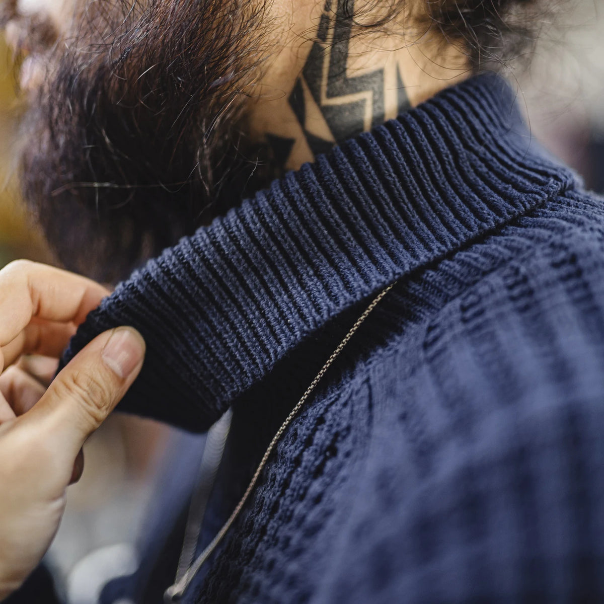 MADEN Blue Striped Cotton-Blend Turtleneck