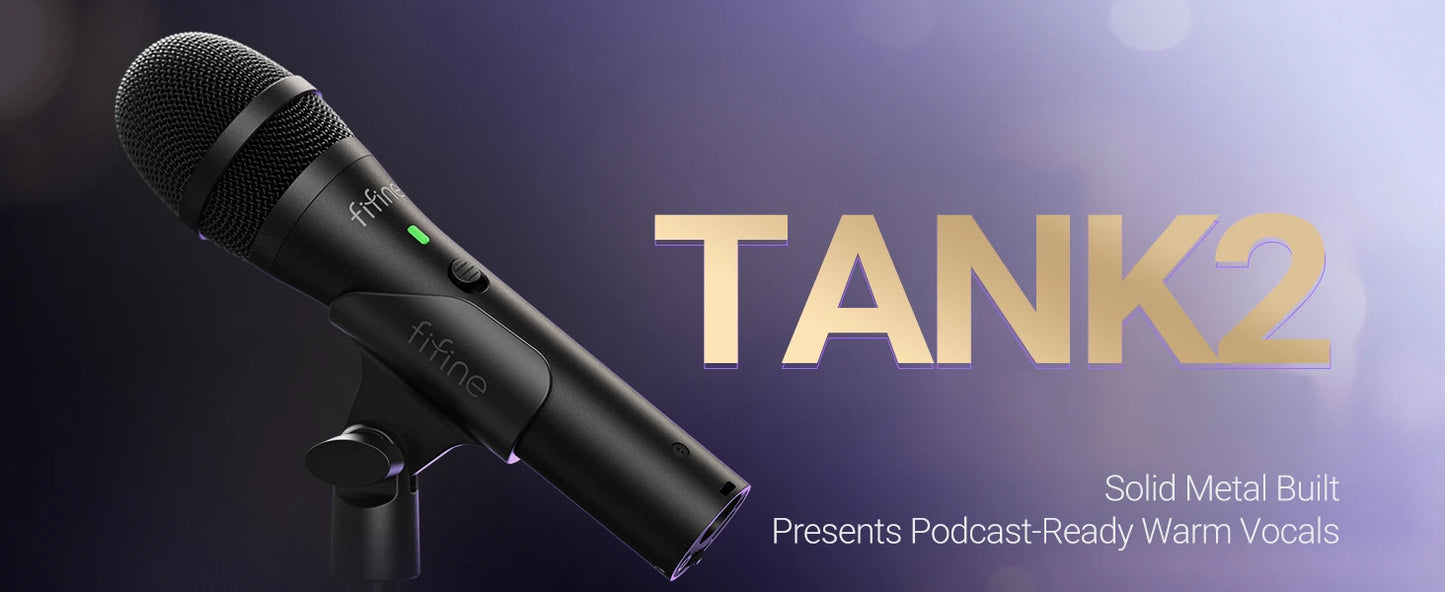 A black handheld microphone on a stand against a dark purple gradient background, with large gold text reading 'TANK2' and smaller white text that says 'Solid Metal Built' and 'Presents Podcast-Ready Warm Vocals.'.