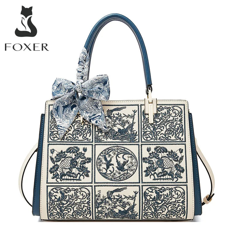 FOXER Women's Shoulder Handbag New Office Lady Crossbody Bag Medium Tote Chic Split Leather Silk Scarf Printing Pocket Mom's Bag
