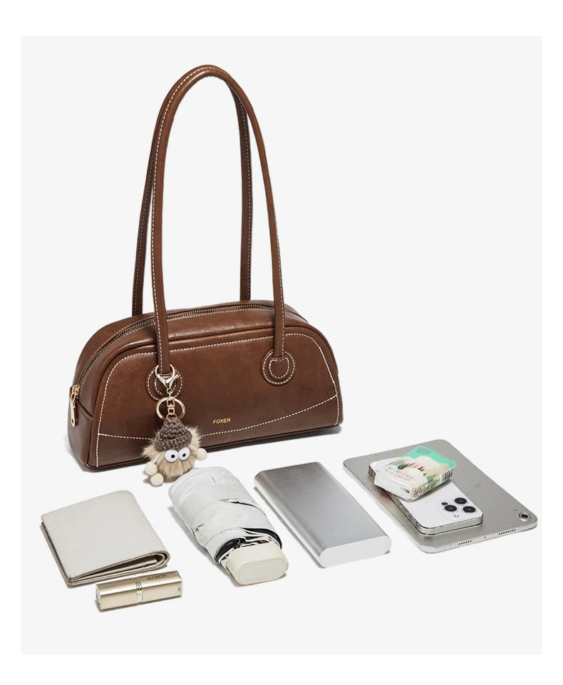 FOXER New Large Capaci Women's Handbag PU Leather Simple Retro Single Underarm Bag for Female Casual Commuting Pillow Bag Purse