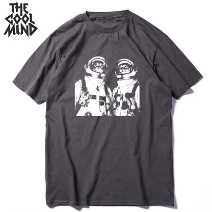 COOLMIND MO0167 Space Cat Graphic Cotton Tee
