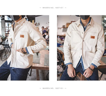 Maden Workwear French Vintage Square Neck White Denim Jacket Large Pocket Raglan Men's Top Early Autumn Coat