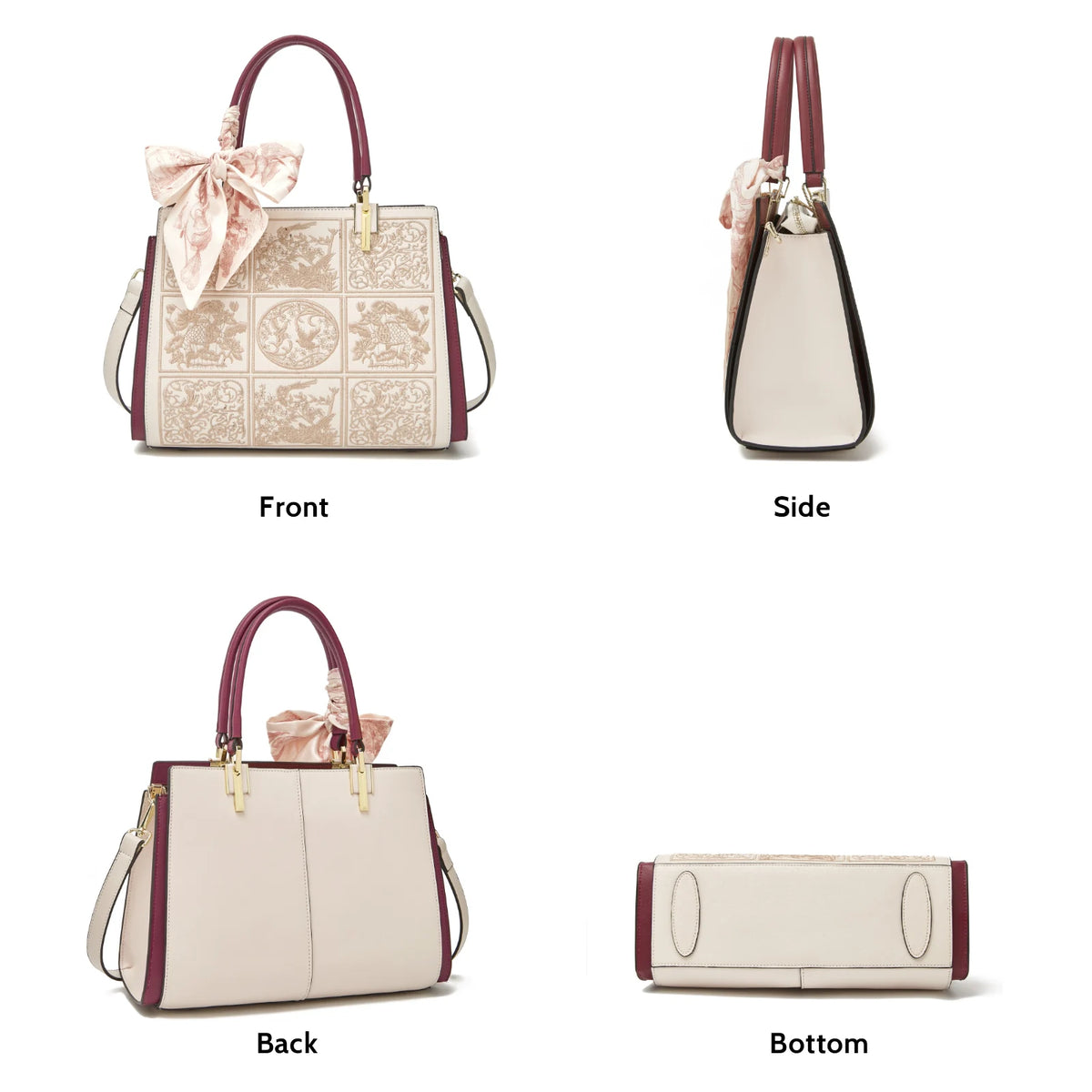 FOXER Women's Shoulder Handbag New Office Lady Crossbody Bag Medium Tote Chic Split Leather Silk Scarf Printing Pocket Mom's Bag