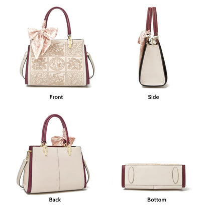 FOXER Women's Shoulder Handbag New Office Lady Crossbody Bag Medium Tote Chic Split Leather Silk Scarf Printing Pocket Mom's Bag