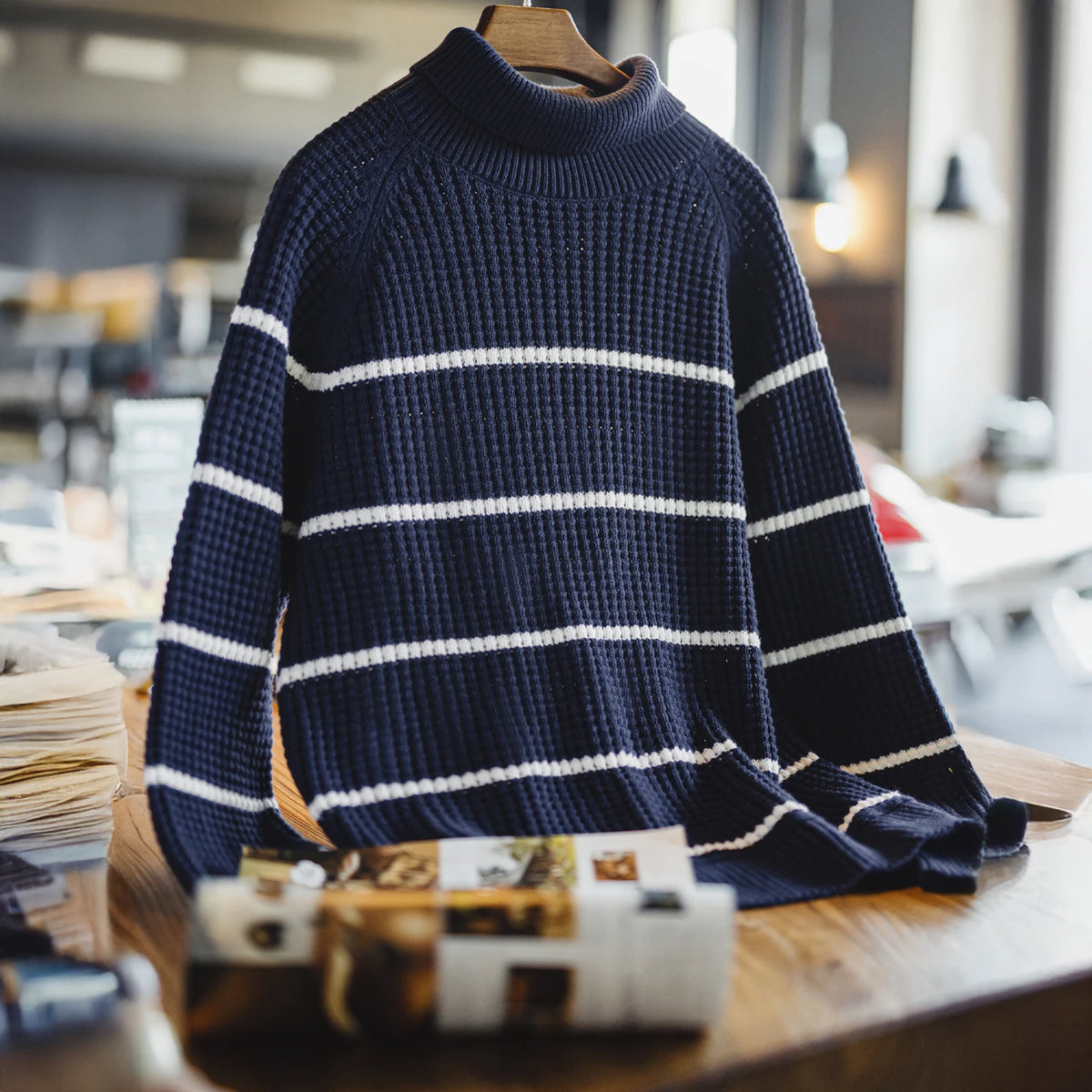 MADEN Blue Striped Cotton-Blend Turtleneck