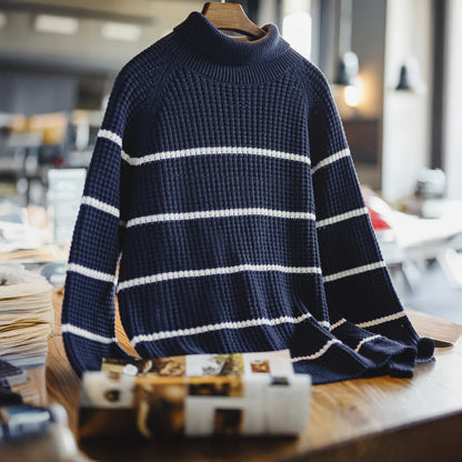 MADEN Blue Striped Cotton-Blend Turtleneck