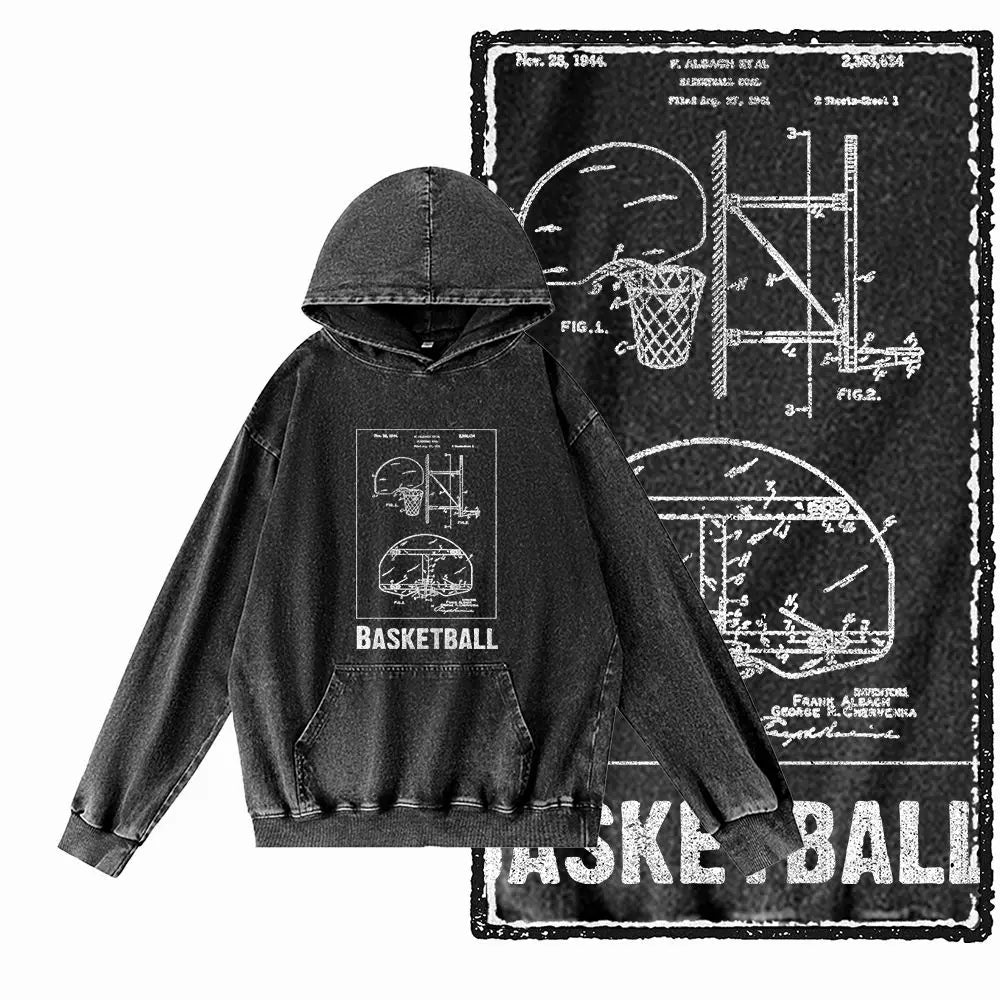 Courtside Basketball Graphic Acid-Washed Black Hoodie
