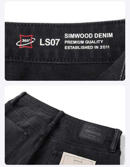 SIMWOOD 2026 Autumn New Loose Straight 13oz Elastic Fabric Jeans Men Washed Vintgae Basic Black Denim Trousers