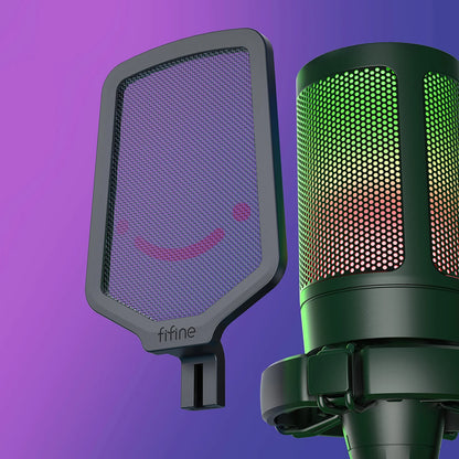 FIFINE USB gaming microphone on a desk, featuring a sleek black design and adjustable stand for streaming and gaming setup.