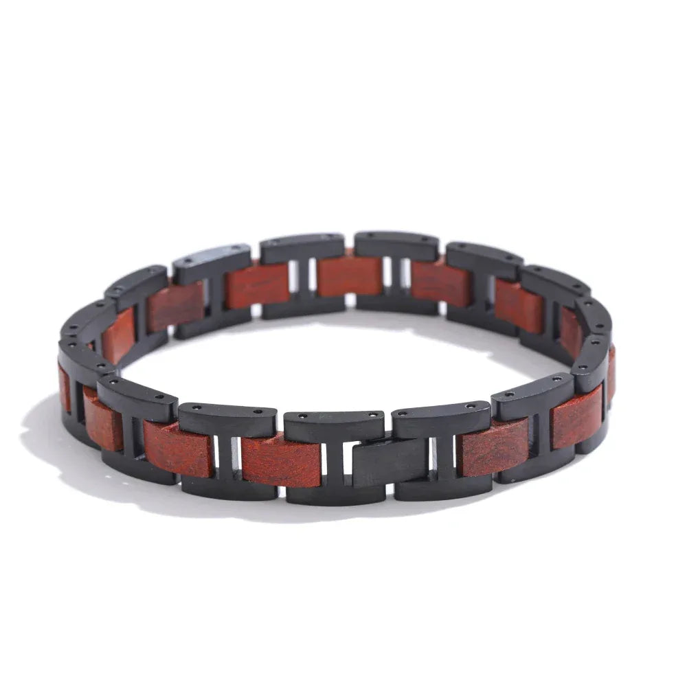 22cm Stylish Unique Stainless Steel Natural Wood Chain Men's Classic Bracelet - ShopHub