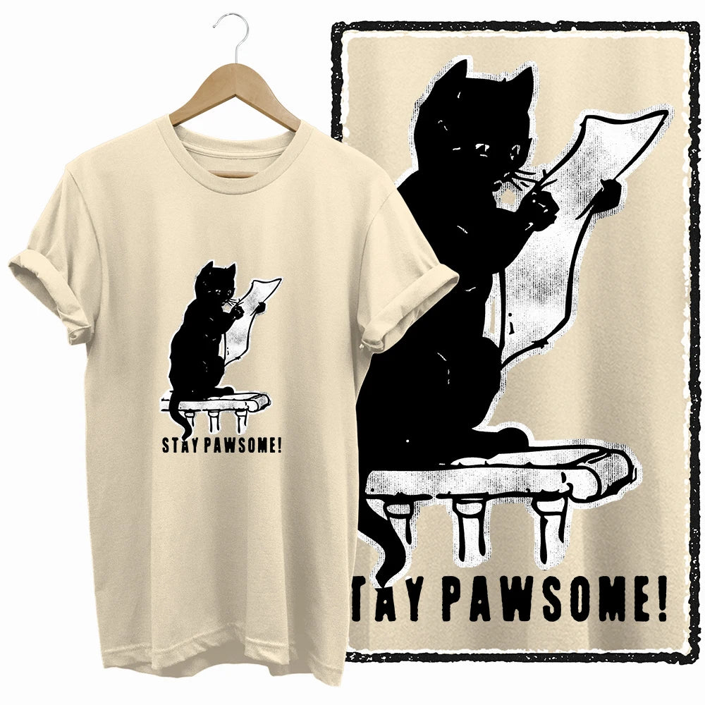 COOLMIND 100% Cotton Beige Cat Print Exclusive Graphic Women T Shirt Big Size Loose Cotton Cat Lover Women T Shirt Lovely Cat Te