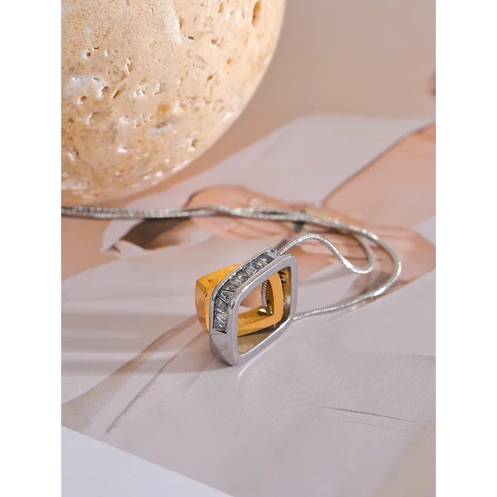 316L Stainless Steel Square Hollow Double Layered Overlay Pendant Necklace - ShopHub