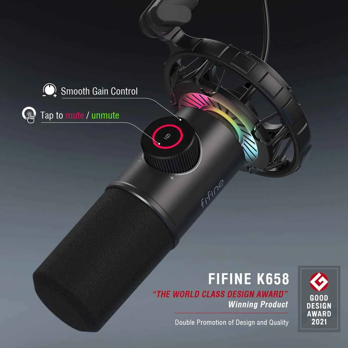 FIFINE gaming microphone with RGB lights and easy controls, featuring a dynamic microphone design for clear audio.