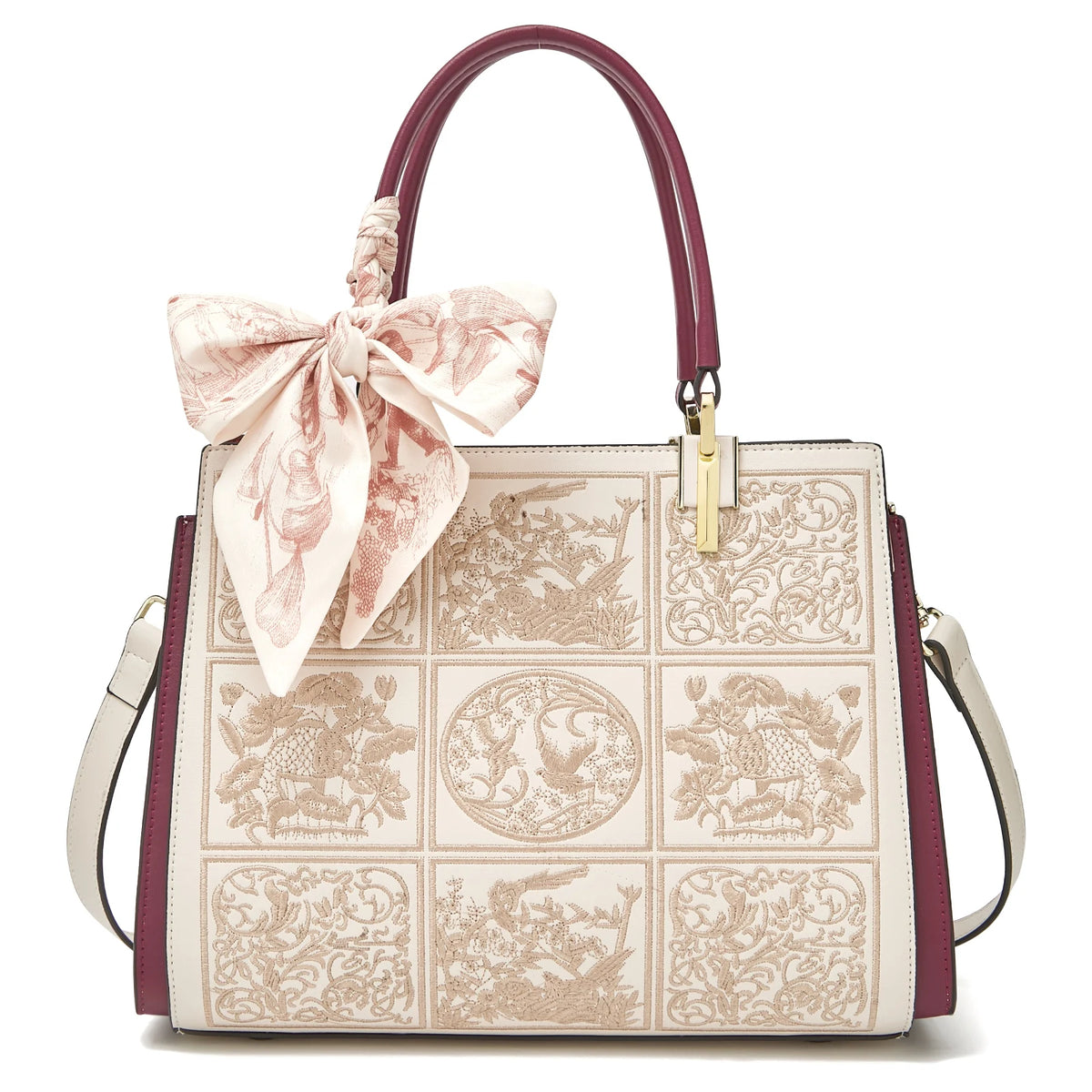 FOXER Women's Shoulder Handbag New Office Lady Crossbody Bag Medium Tote Chic Split Leather Silk Scarf Printing Pocket Mom's Bag