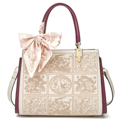 FOXER Women's Shoulder Handbag New Office Lady Crossbody Bag Medium Tote Chic Split Leather Silk Scarf Printing Pocket Mom's Bag