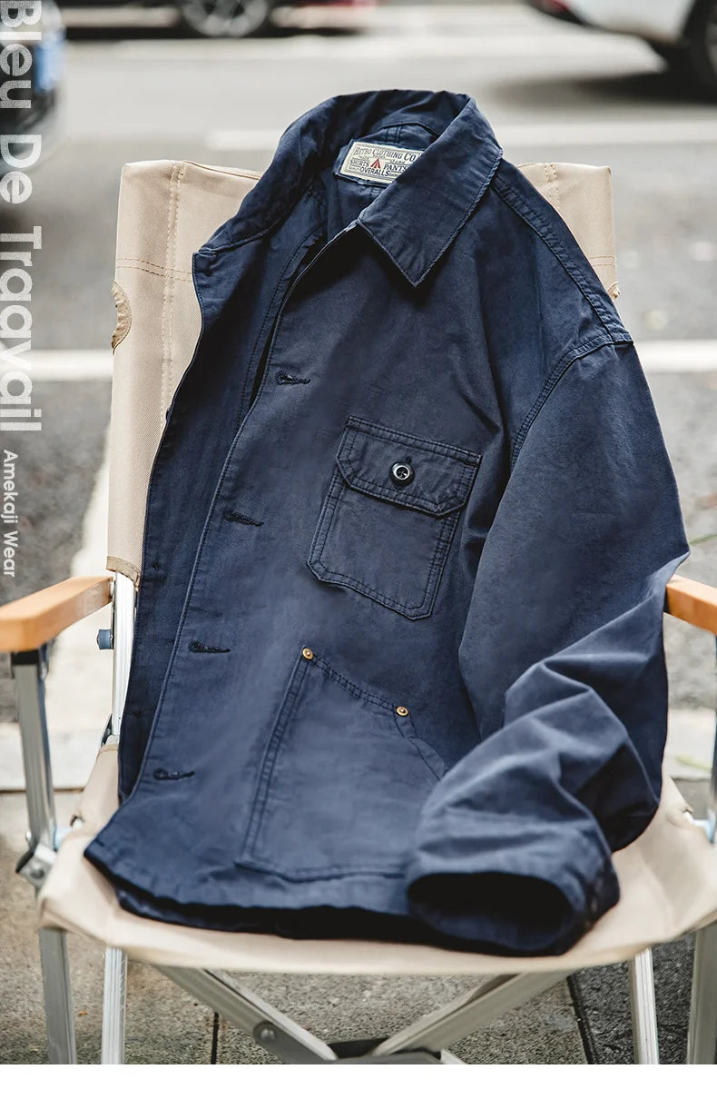 Maden Retro French Jacket Multi-Pocket Lapel Navy Heavyweight Single-breasted Hunting Coat for Men's Spring and Autumn Tops
