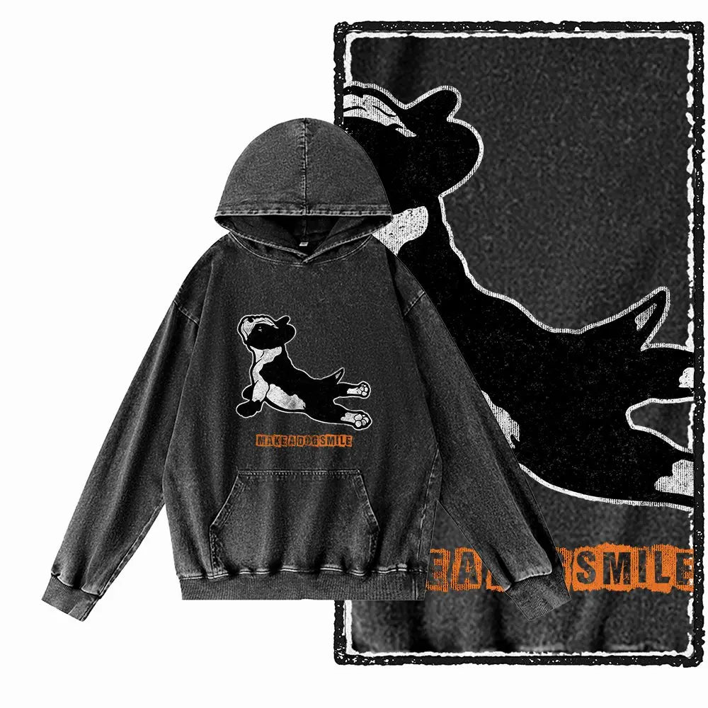 Vintage Dog Graphic Acid-Washed Black Hoodie