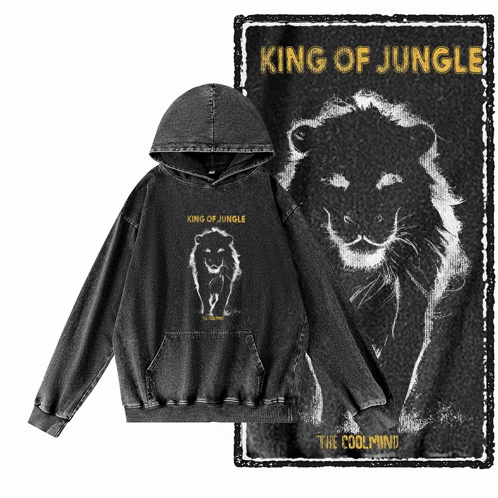COOLMIND Lion Graphic Pullover | Acid-Washed Black