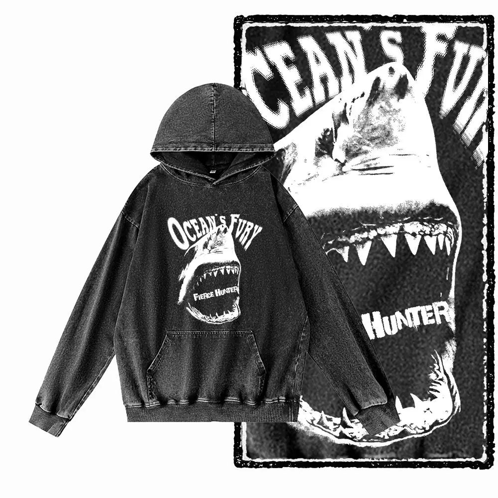 COOLMIND G21 Vintage Graphic Acid-Washed Black Hoodie