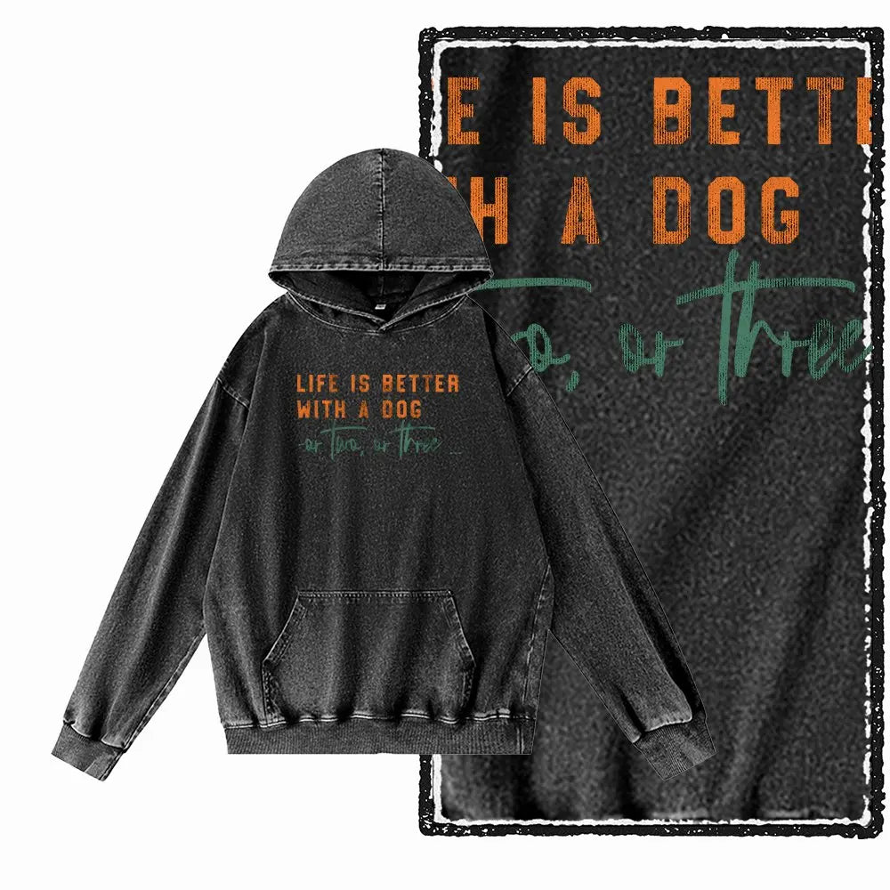 Vintage Dog Graphic Acid-Washed Black Hoodie