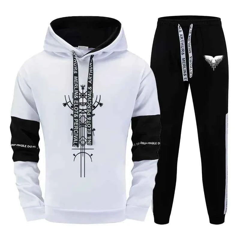 Mens Tracksuit Set Warm Hooded Sweatshirt and Sweatpants 2 Pcs Winter High Quality Casual Jogging Clothing in Black or White