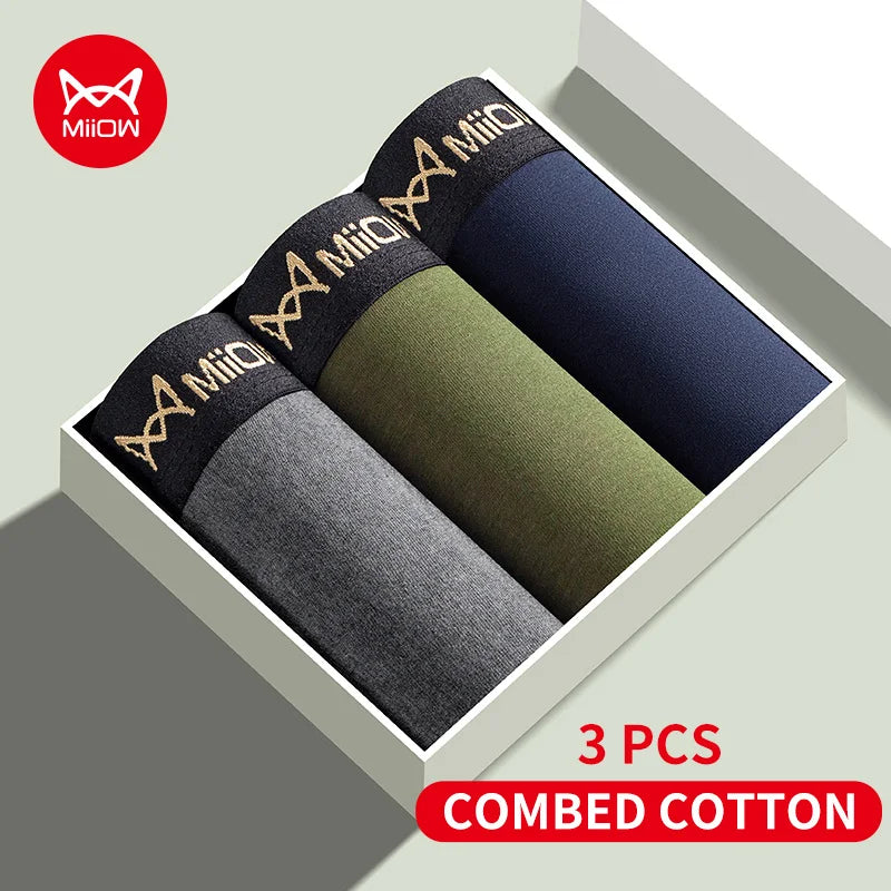 MiiOW 3Pcs Men's Antibacterial Boxer Underwear - Cotton Breathable Mesh Crotch Plus Size Boxershorts