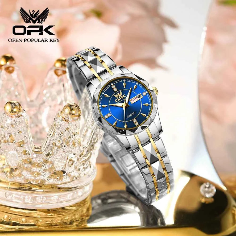 OPK 8151 Unisex Quartz Watch Waterproof Luminous Stainless Steel Automatic Date Dual Calendar Design