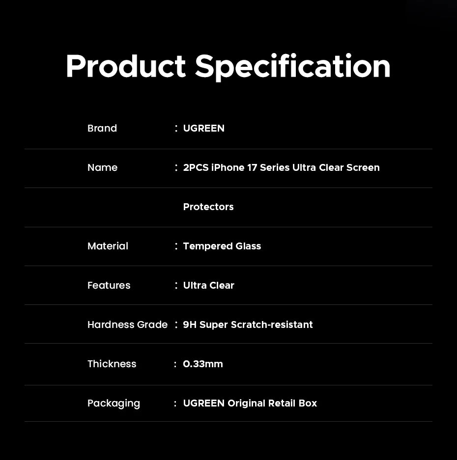 UGREEN 2pcs for iPhone 17 Pro Max Screen Protector for iPhone 17 Air Tempered Glass for iPhone Glass 3D Films
