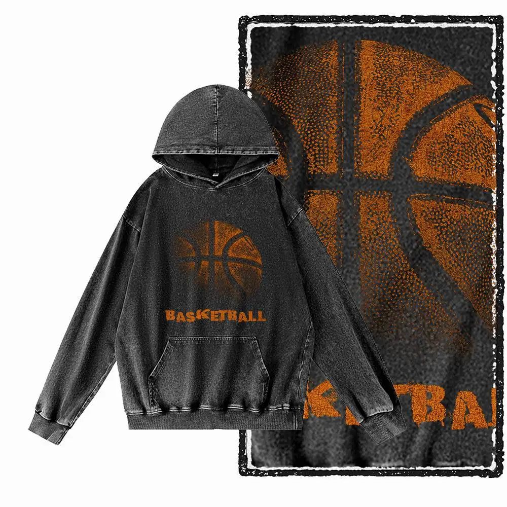 Courtside Basketball Graphic Acid-Washed Black Hoodie