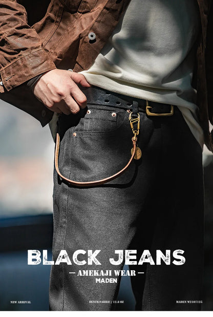 Maden Men's Vintage 12.8oz Black Washed Denim Jeans