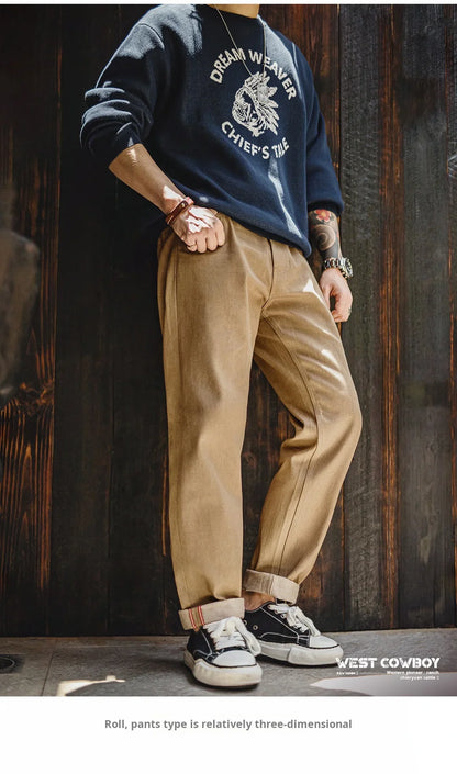Maden Men‘s Khaki 11.7oz Selvedge Raw Jeans Vintage Straight-Leg Cowboy Pants Casual Zip Fly Cotton Trousers for Spring Autumn